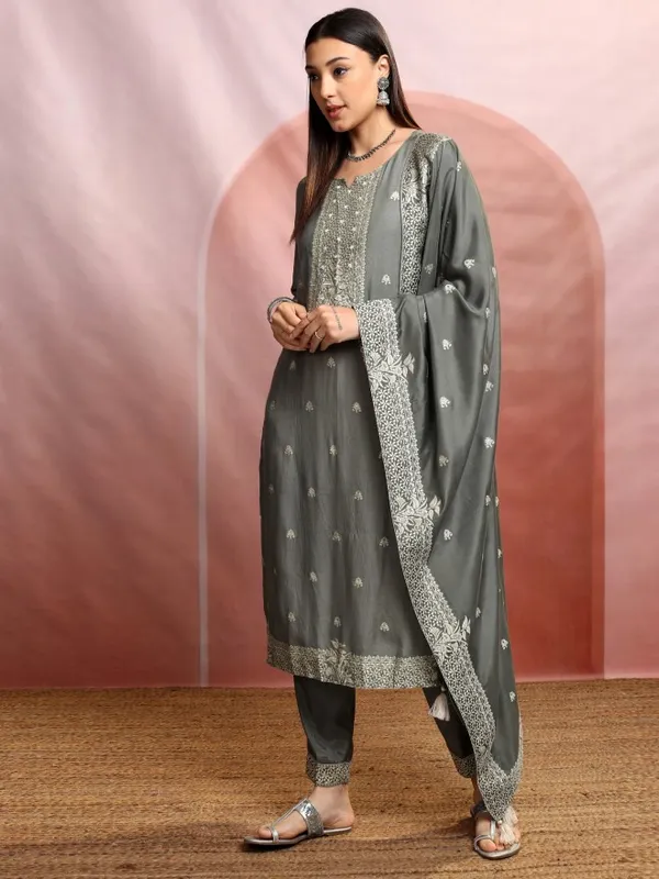 Vishudh Women Grey Embroidered Kurta With Trouser And Dupatta
