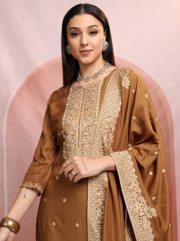 Vishudh Women Brown Embroidered Kurta With Trousers And Dupatta