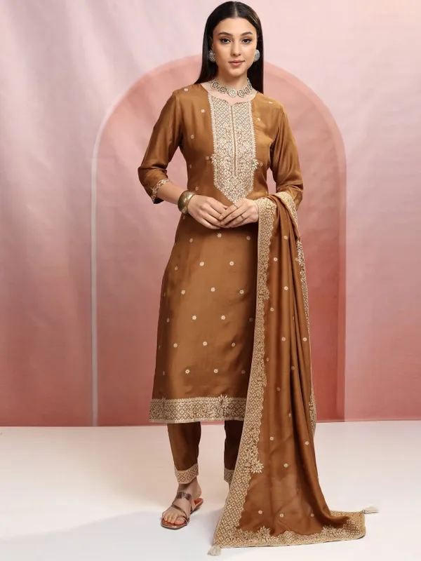 Vishudh Women Brown Embroidered Kurta With Trousers And Dupatta