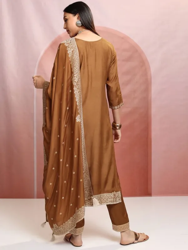 Vishudh Women Brown Embroidered Kurta With Trousers And Dupatta