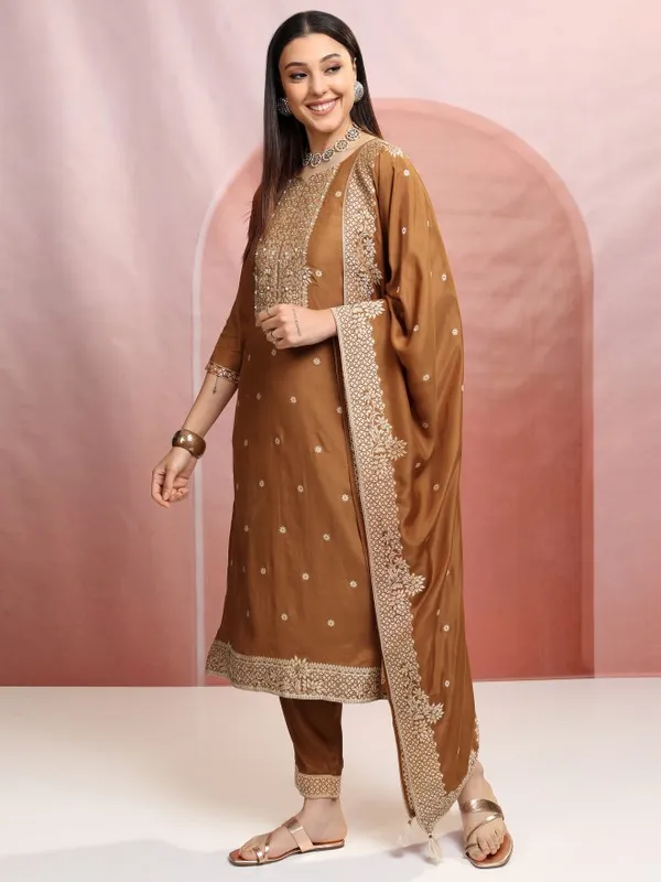 Vishudh Women Brown Embroidered Kurta With Trousers And Dupatta