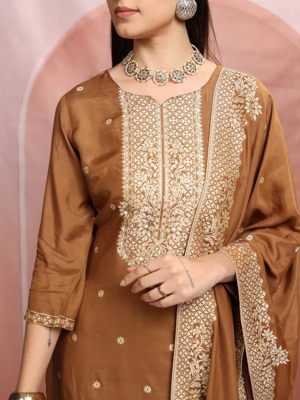 Vishudh Women Brown Embroidered Kurta With Trousers And Dupatta