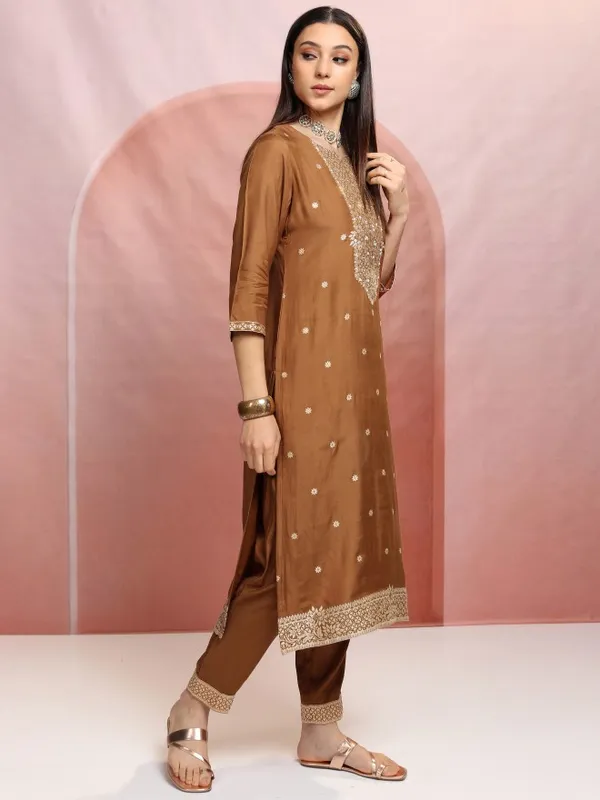 Vishudh Women Brown Embroidered Kurta With Trousers And Dupatta