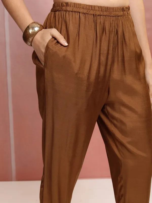 Vishudh Women Brown Embroidered Kurta With Trousers And Dupatta