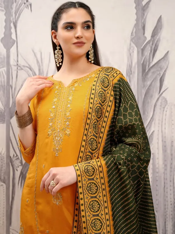 Vishudh Women Mustard Embroidered Kurta With Trouser And Dupatta