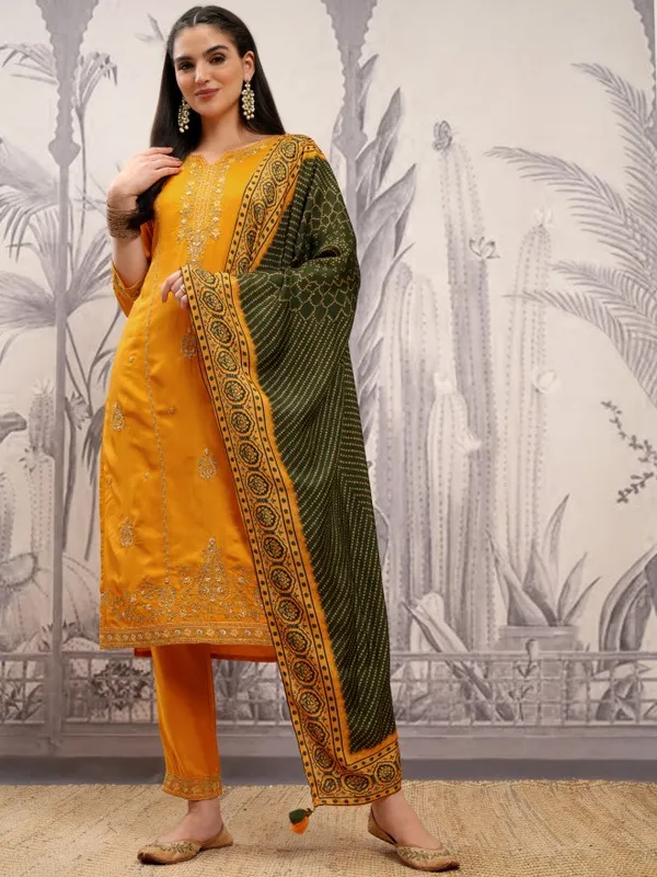 Vishudh Women Mustard Embroidered Kurta With Trouser And Dupatta
