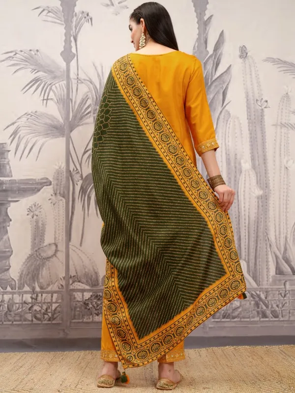 Vishudh Women Mustard Embroidered Kurta With Trouser And Dupatta