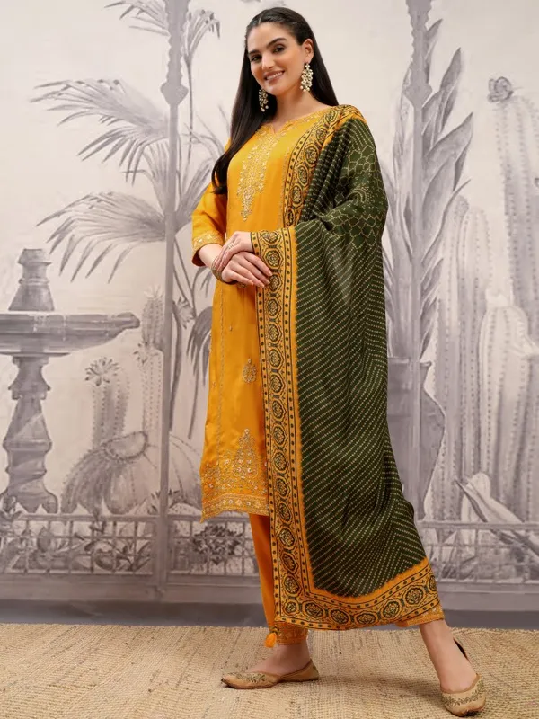 Vishudh Women Mustard Embroidered Kurta With Trouser And Dupatta