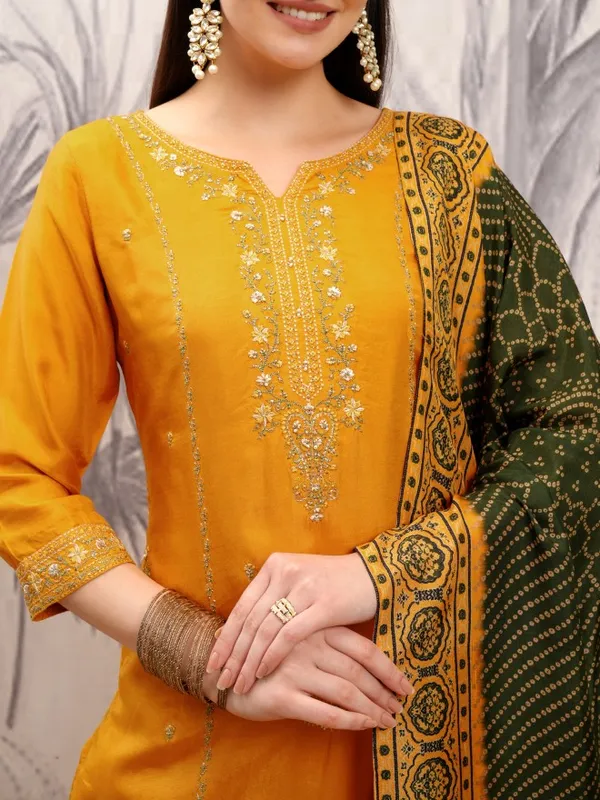 Vishudh Women Mustard Embroidered Kurta With Trouser And Dupatta