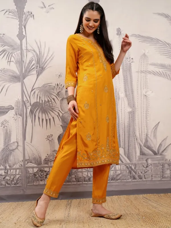 Vishudh Women Mustard Embroidered Kurta With Trouser And Dupatta