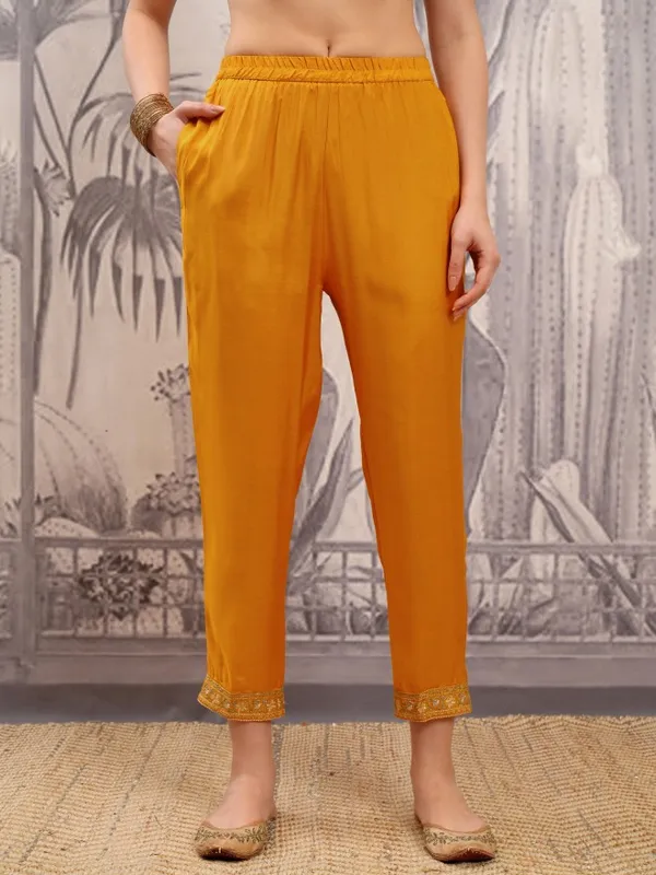 Vishudh Women Mustard Embroidered Kurta With Trouser And Dupatta