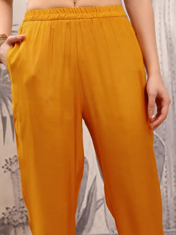 Vishudh Women Mustard Embroidered Kurta With Trouser And Dupatta