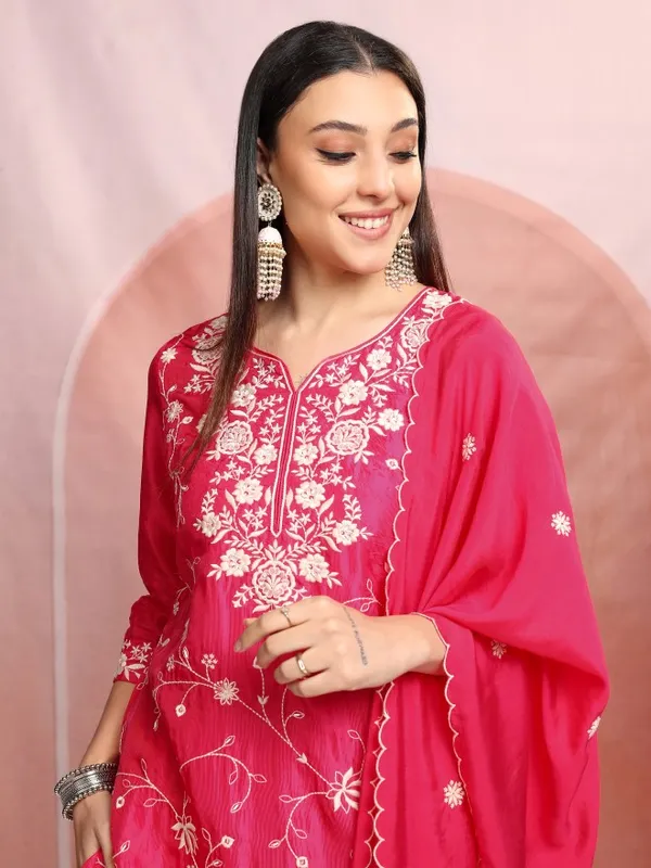 Vishudh Women Pink Embroidered Kurta With Trouser And Dupatta