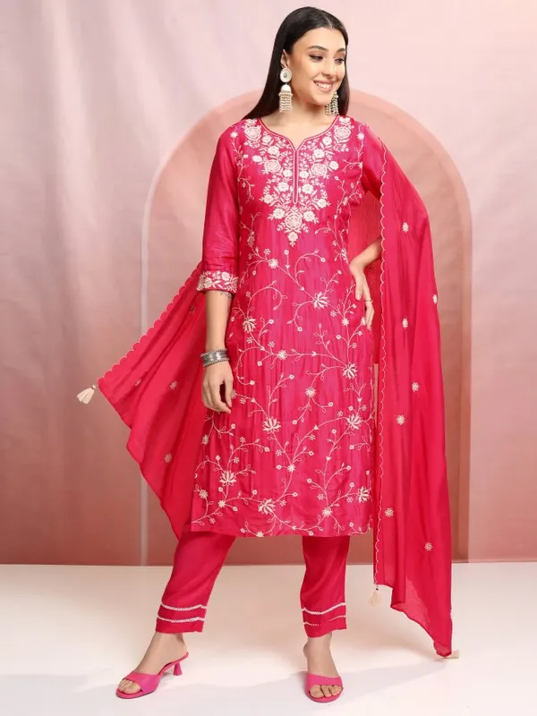 Vishudh Women Pink Embroidered Kurta With Trouser And Dupatta