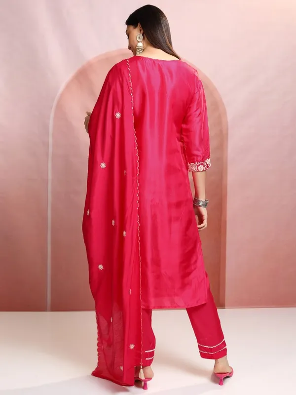 Vishudh Women Pink Embroidered Kurta With Trouser And Dupatta