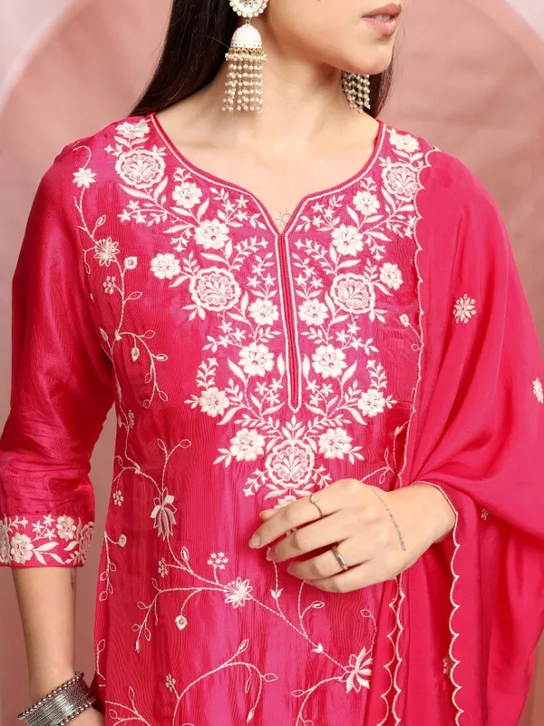 Vishudh Women Pink Embroidered Kurta With Trouser And Dupatta