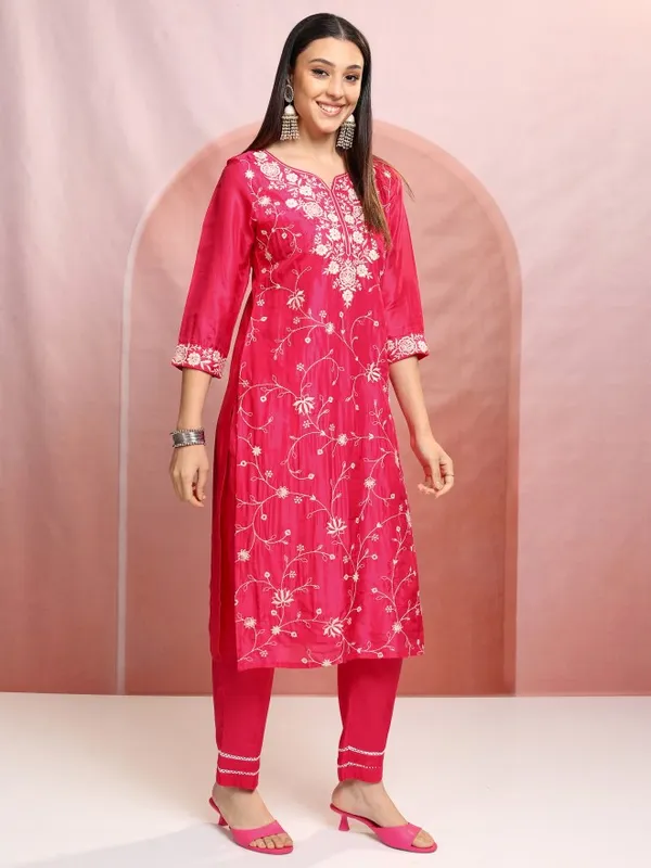 Vishudh Women Pink Embroidered Kurta With Trouser And Dupatta