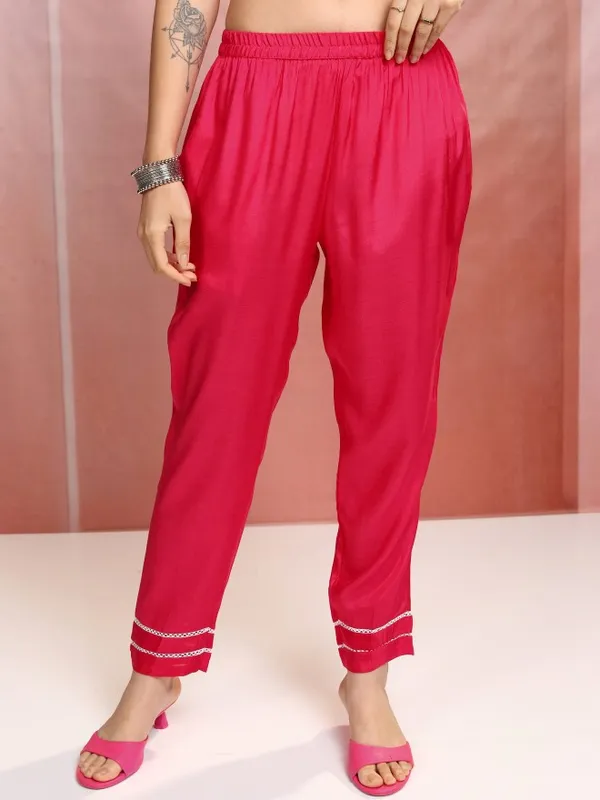 Vishudh Women Pink Embroidered Kurta With Trouser And Dupatta