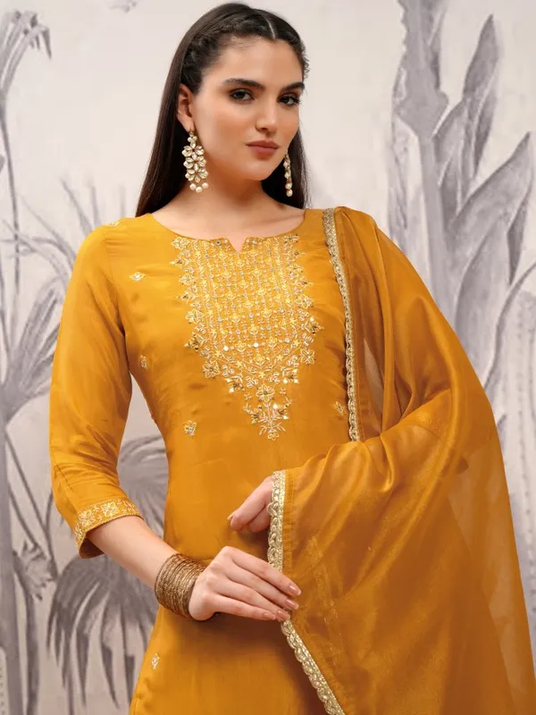 Vishudh Women Mustard Embroidered Kurta With Trousers And Dupatta