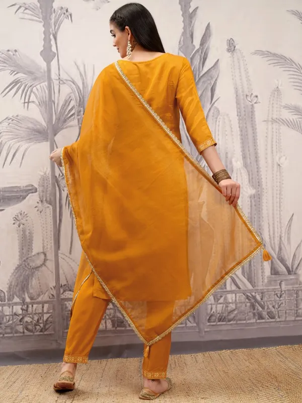 Vishudh Women Mustard Embroidered Kurta With Trousers And Dupatta