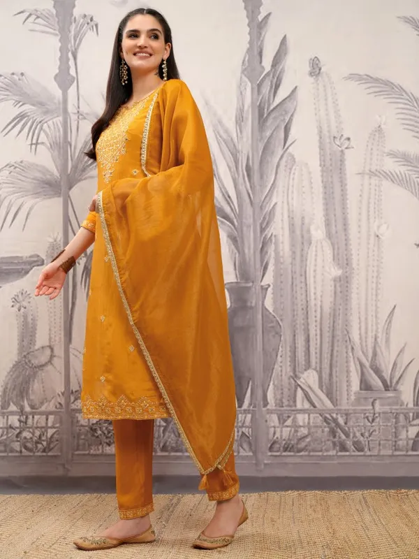 Vishudh Women Mustard Embroidered Kurta With Trousers And Dupatta