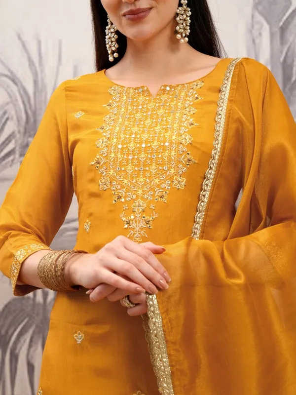 Vishudh Women Mustard Embroidered Kurta With Trousers And Dupatta