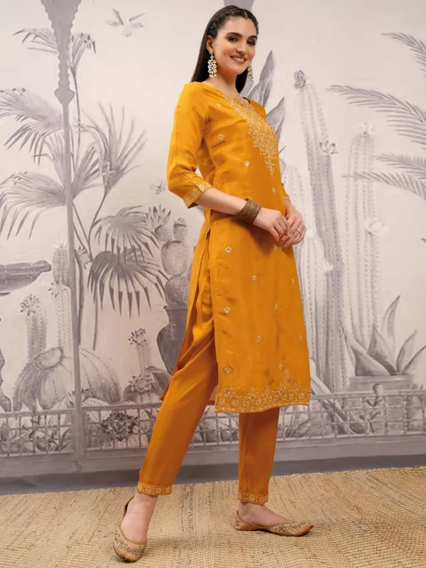 Vishudh Women Mustard Embroidered Kurta With Trousers And Dupatta