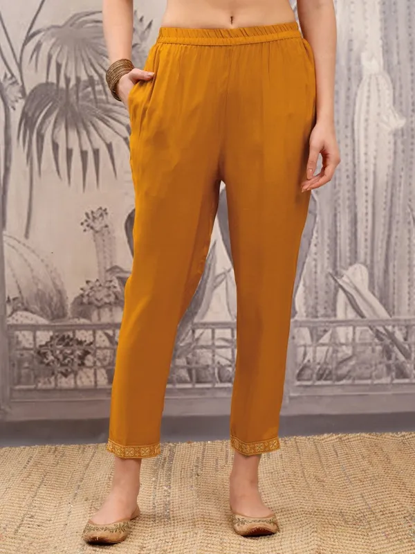 Vishudh Women Mustard Embroidered Kurta With Trousers And Dupatta