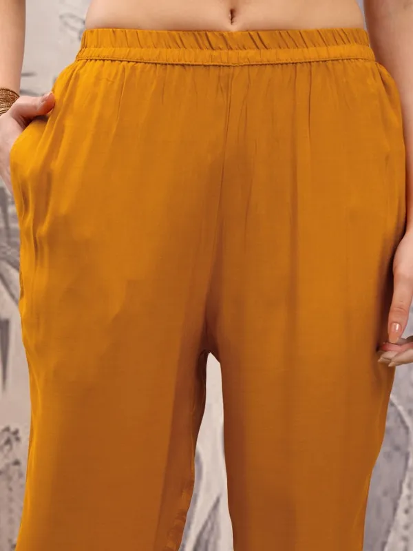 Vishudh Women Mustard Embroidered Kurta With Trousers And Dupatta