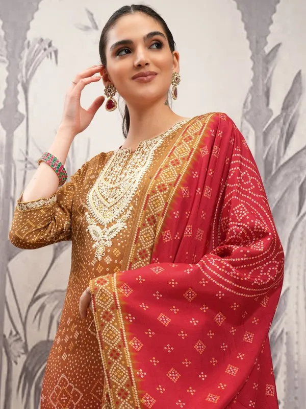 Vishudh Women Brown Printed Kurta With Trouser And Dupatta