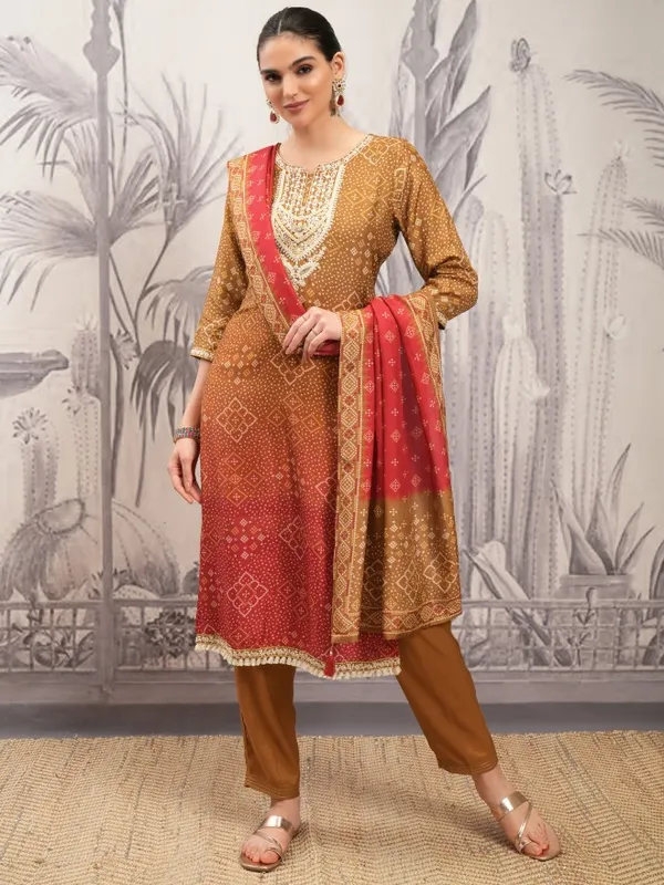 Vishudh Women Brown Printed Kurta With Trouser And Dupatta