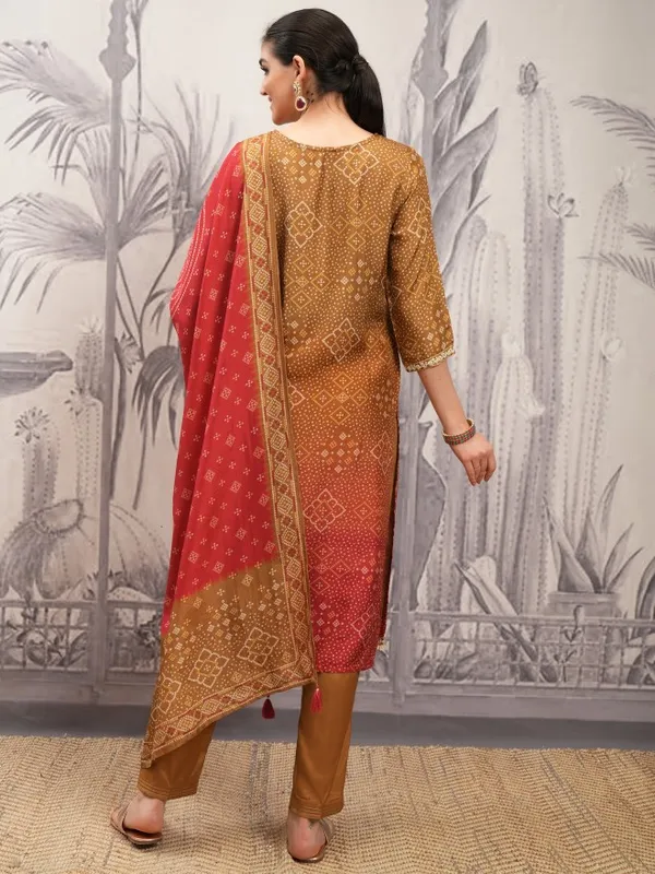 Vishudh Women Brown Printed Kurta With Trouser And Dupatta
