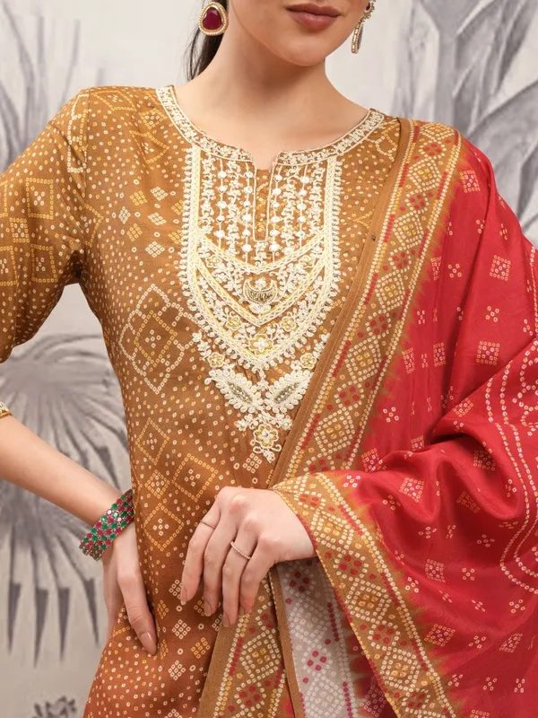 Vishudh Women Brown Printed Kurta With Trouser And Dupatta