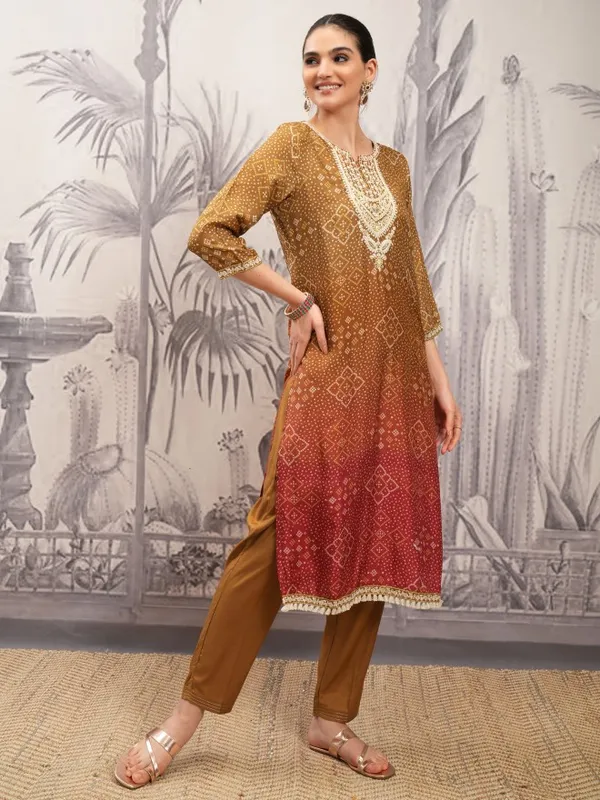 Vishudh Women Brown Printed Kurta With Trouser And Dupatta