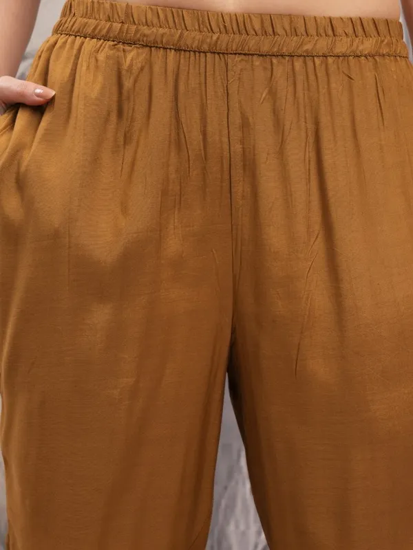 Vishudh Women Brown Printed Kurta With Trouser And Dupatta