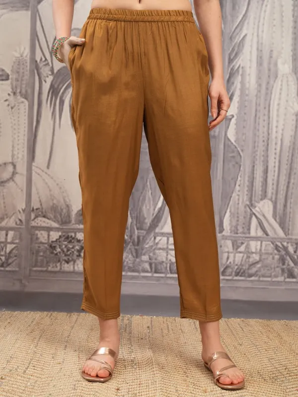 Vishudh Women Brown Printed Kurta With Trouser And Dupatta