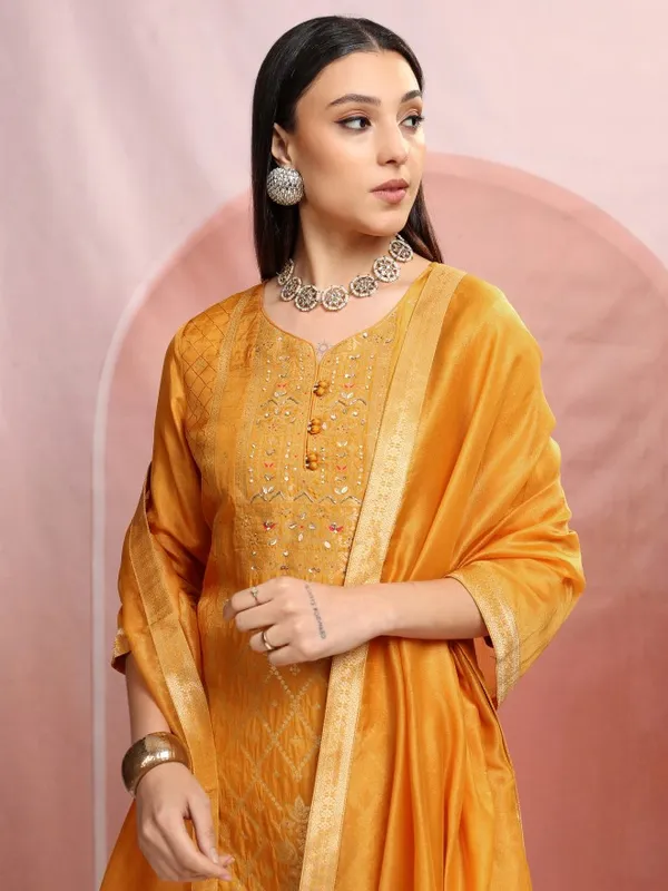 Vishudh Women Mustard Embroidered Kurta With Trouser And Dupatta
