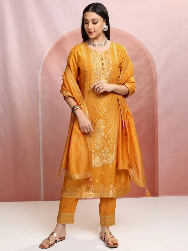 Vishudh Women Mustard Embroidered Kurta With Trouser And Dupatta