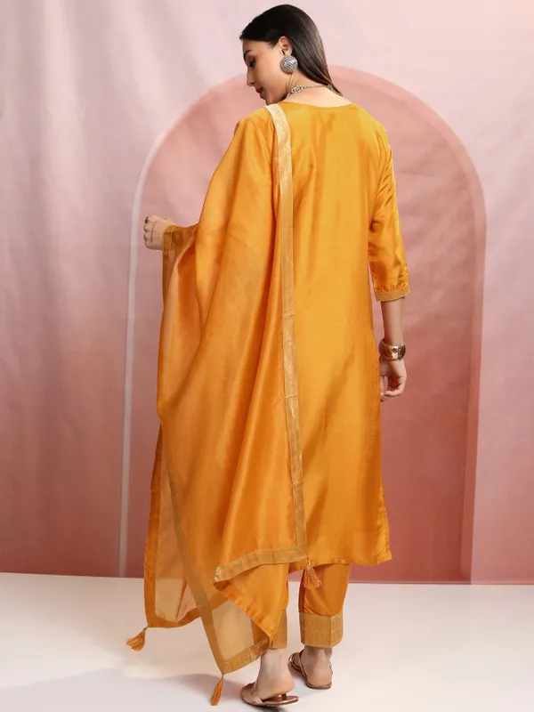 Vishudh Women Mustard Embroidered Kurta With Trouser And Dupatta