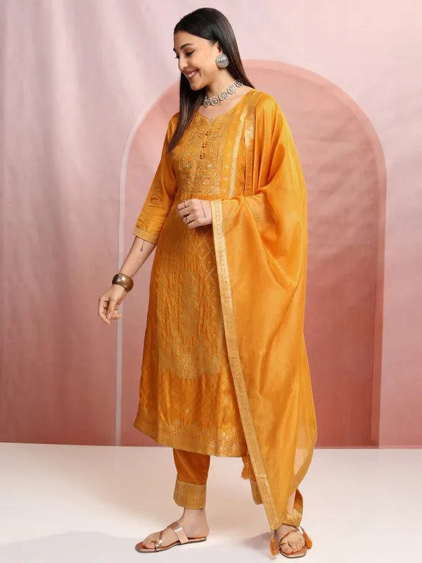 Vishudh Women Mustard Embroidered Kurta With Trouser And Dupatta