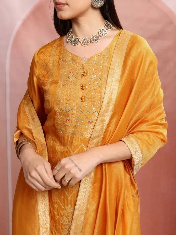 Vishudh Women Mustard Embroidered Kurta With Trouser And Dupatta