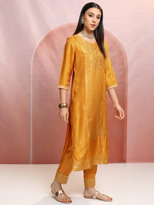 Vishudh Women Mustard Embroidered Kurta With Trouser And Dupatta