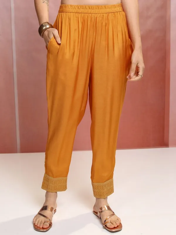 Vishudh Women Mustard Embroidered Kurta With Trouser And Dupatta