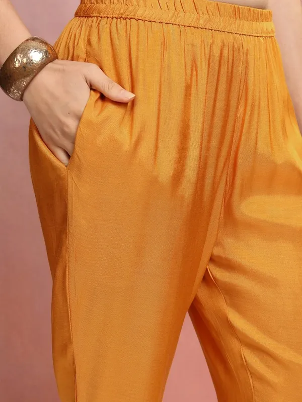 Vishudh Women Mustard Embroidered Kurta With Trouser And Dupatta