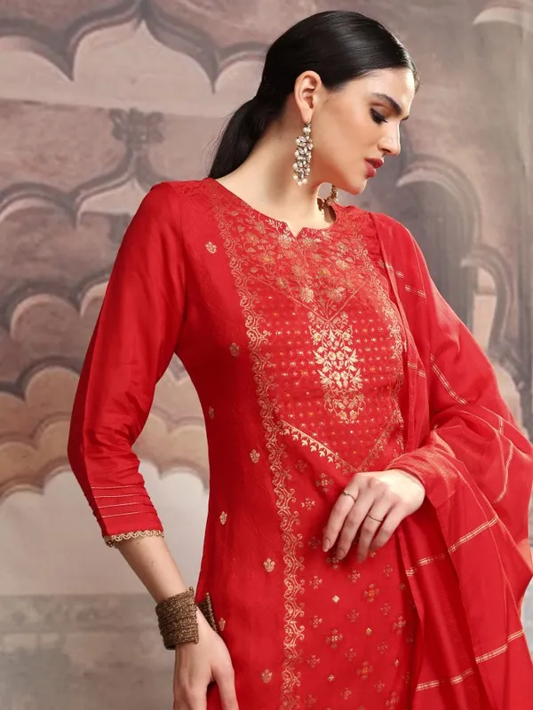 Vishudh Women Red Embroidered Kurta With Trousers And Dupatta