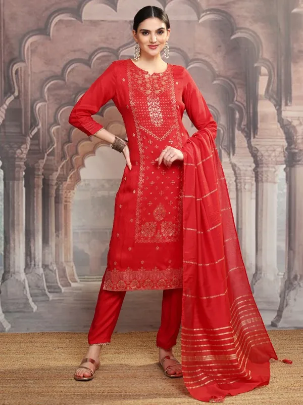 Vishudh Women Red Embroidered Kurta With Trousers And Dupatta
