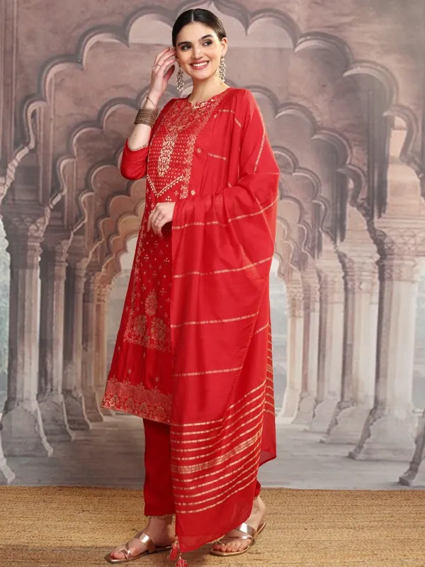 Vishudh Women Red Embroidered Kurta With Trousers And Dupatta