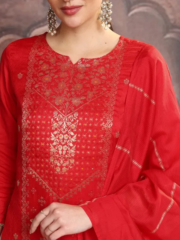 Vishudh Women Red Embroidered Kurta With Trousers And Dupatta