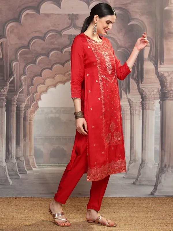 Vishudh Women Red Embroidered Kurta With Trousers And Dupatta