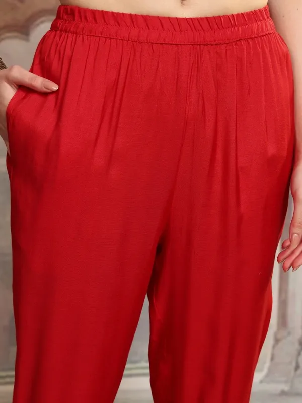 Vishudh Women Red Embroidered Kurta With Trousers And Dupatta